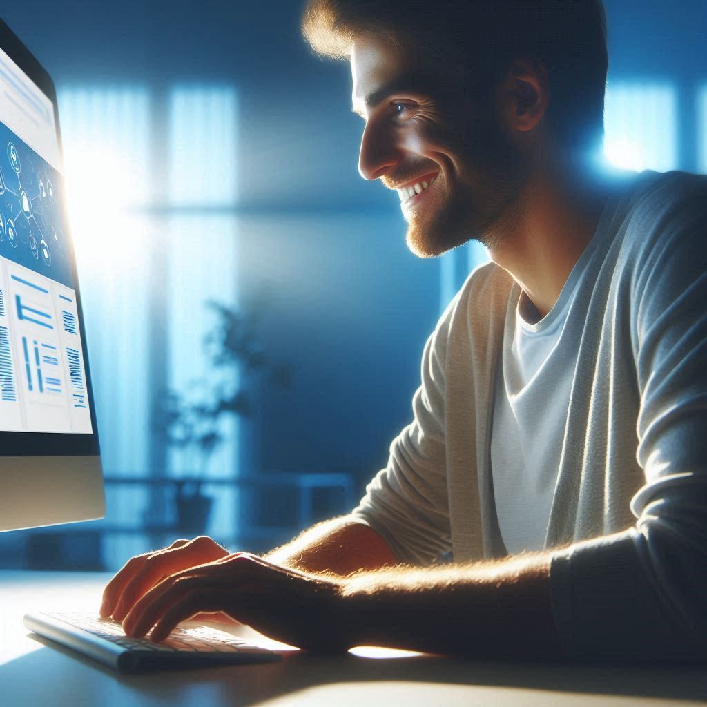 A person is sitting at a computer, researching a company online. The lighting is bright and the color scheme is blue and white. 