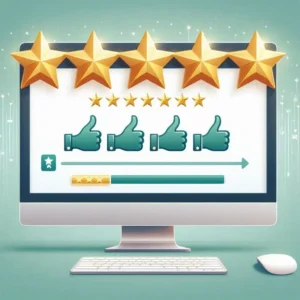 A computer screen with a review stars and thumbs up showing a positive trend in online reputation management.