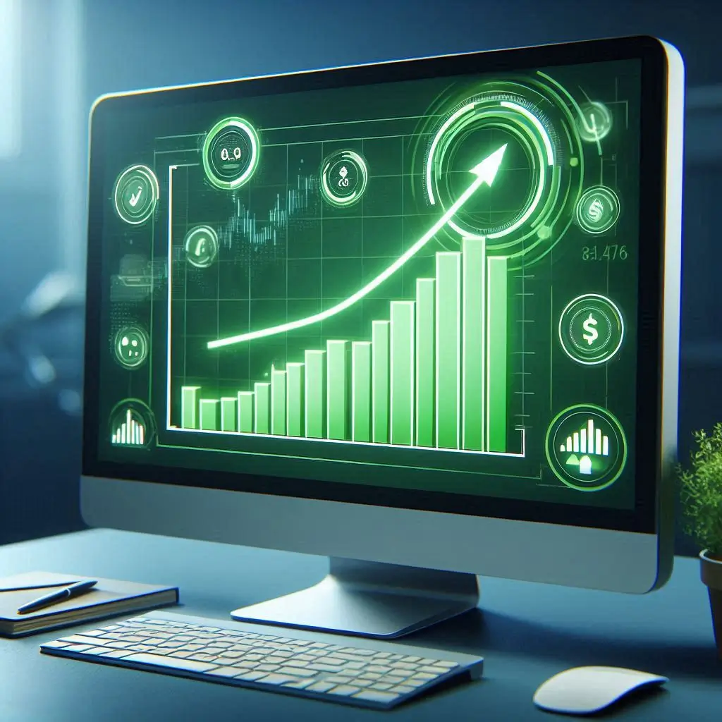 A computer screen displaying a graph with an upward trend, representing the growth of a business.