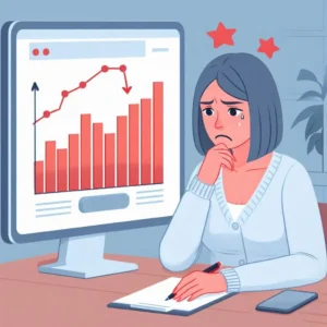 A person sitting in front of a computer screen with a frown on their face, looking at a graph that shows a downward trend.