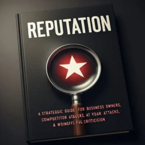 A book cover with a dark background and a magnifying glass in the center. The magnifying glass is zoomed in on a single word, 'Reputation'.