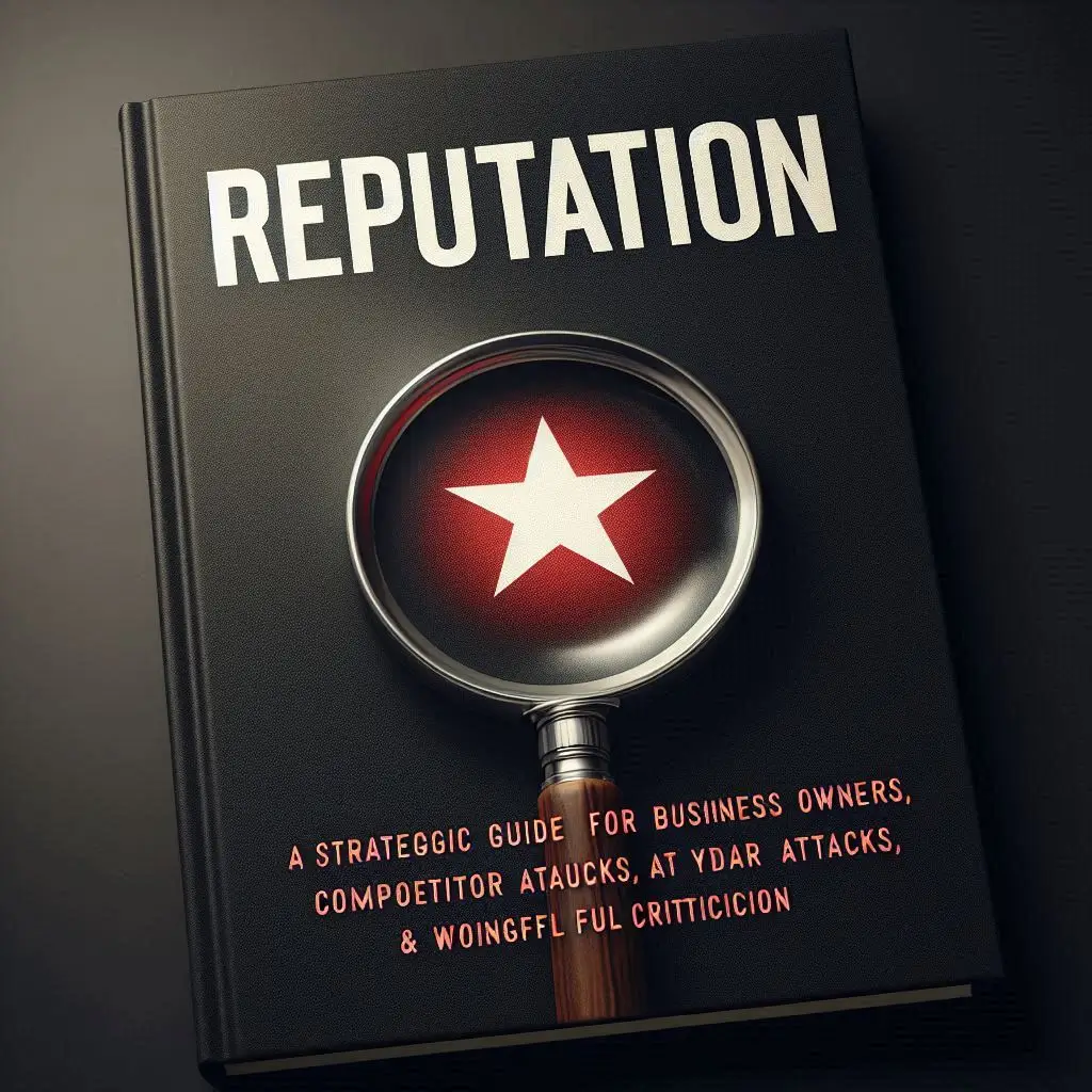 A book cover with a dark background and a magnifying glass in the center. The magnifying glass is zoomed in on a single word, 'Reputation'.