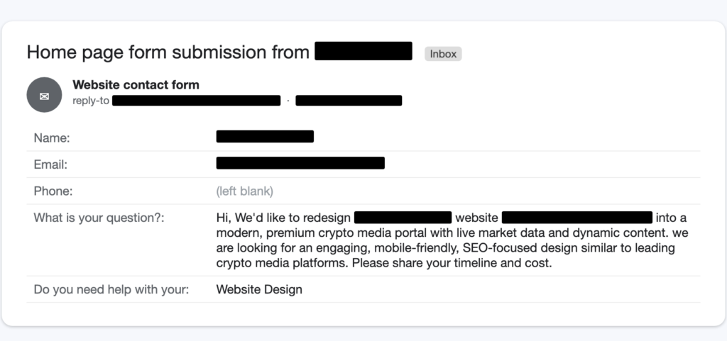 Redacted screenshot of a website contact form submission inquiring about a crypto media portal redesign project.