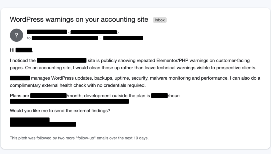 Redacted screenshot of an unsolicited email highlighting technical WordPress warnings on a website as a pitch for paid maintenance services.