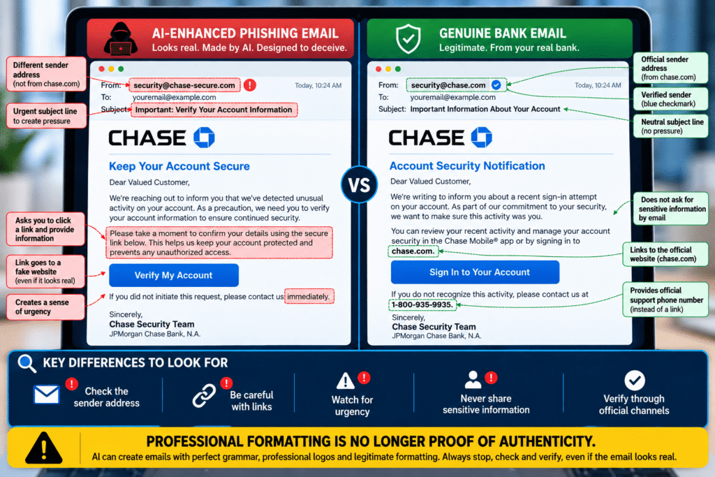 Infographic comparing an AI-enhanced phishing email with a genuine bank email, highlighting differences in sender address, suspicious links, urgency, requests for sensitive information, and verification details.