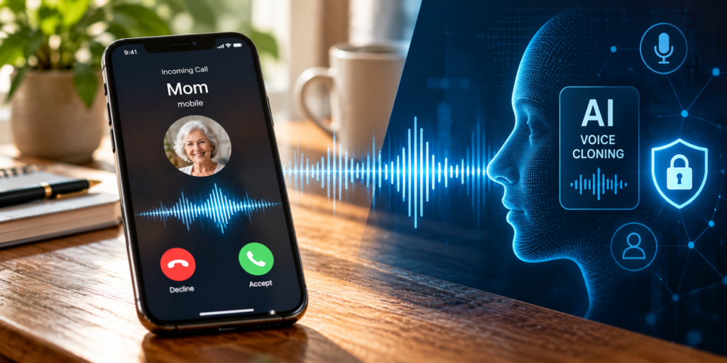 Conceptual image of an incoming smartphone call with AI voice cloning audio waves