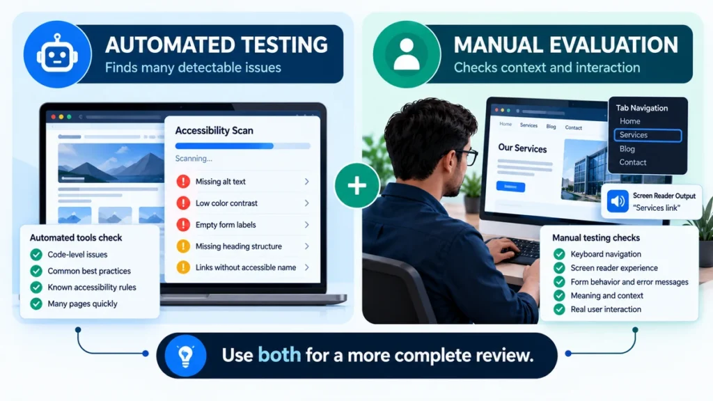 Comparison of automated website accessibility testing and manual evaluation.
