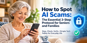 Senior woman smiling while using her smartphone safely at home