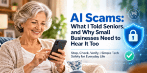 Senior woman smiling while using her smartphone safely at home