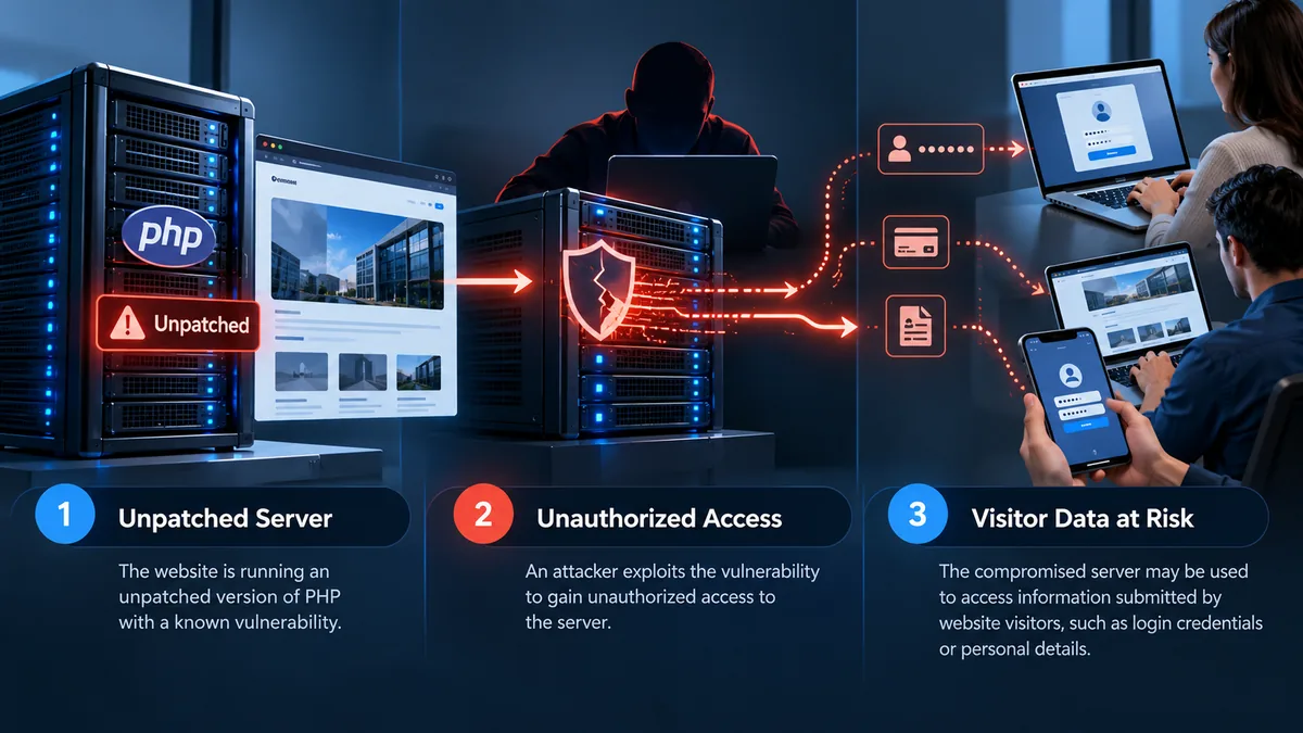 Diagram showing how an unpatched PHP server can be used to steal visitor passwords.