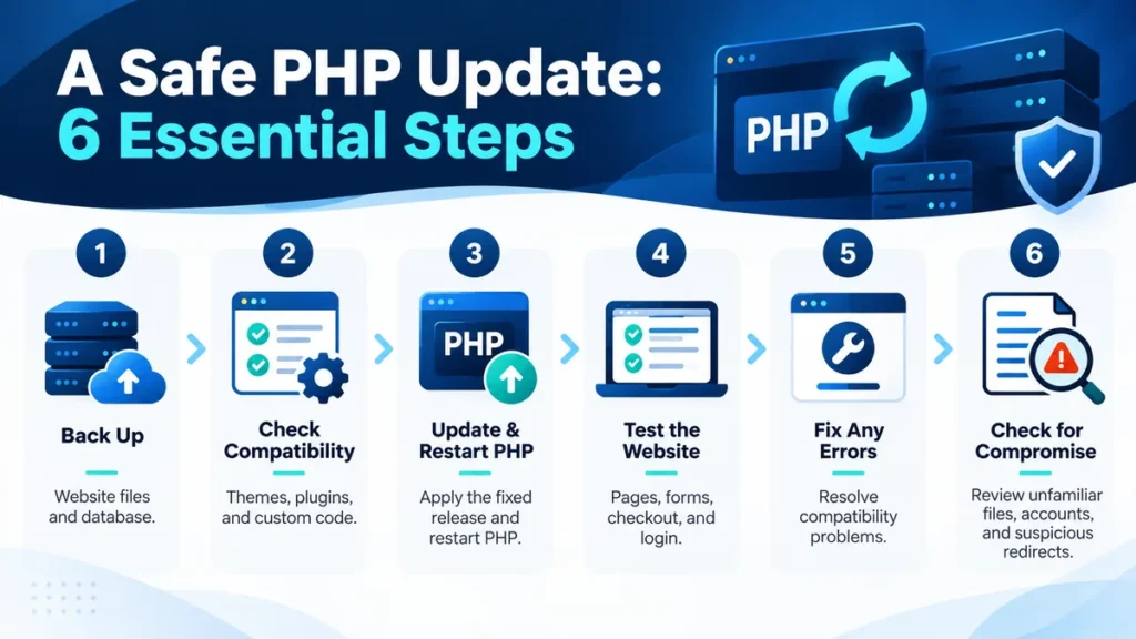 Checklist for safely updating PHP: backup, compatibility check, update, test, and security review.