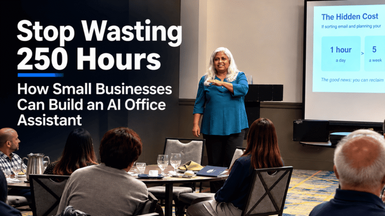 Sandeepa Nayak presenting how to build a no-code AI office assistant at the USPAACC West educational business luncheon.