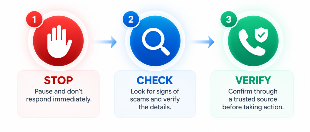 3-step infographic diagram showing the Stop, Check, and Verify safety workflow for AI scams