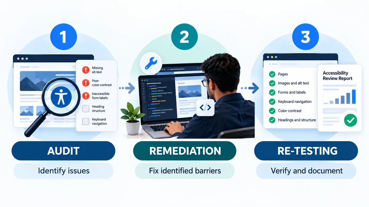 Three-stage website accessibility process showing audit, remediation, and re-testing.